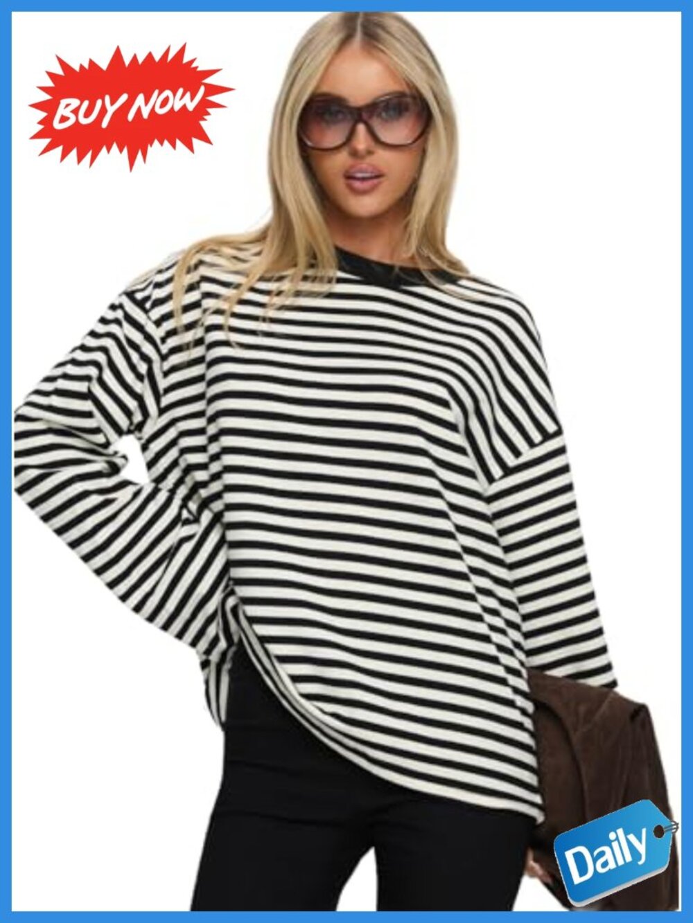 Long Sleeve Crew Neck Striped Top Relaxed Drop Shoulder Pullover